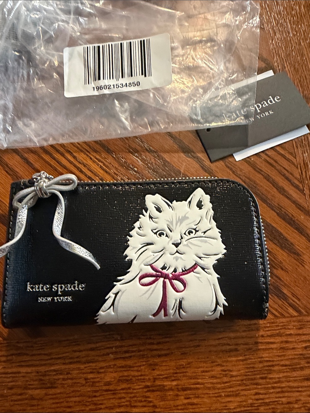 kate spade Kids Black Wallet with White Cat and Pink Bow